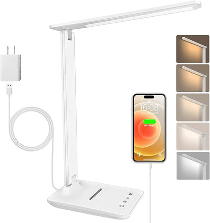 karidi LED Desk Lamp Dimmable Table Lamp with USB Charging Port, 5 Lighting Modes, Sensitive Control, Foldable Portable Desk Light for Home Office Bedroom Reading (White, Standard Size - 13.3 inch)