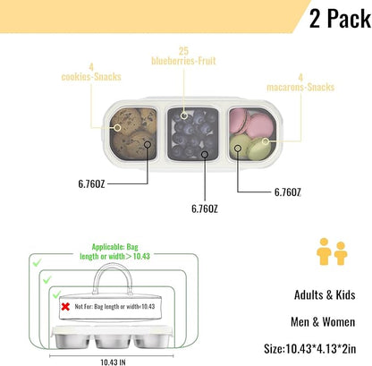 Stainless Steel Snack Containers for Kids Adults, 2 Pack 3 Compartment Metal Snack Containers Box with Lid, Reusable Food Storage Container, Leak Proof, Grab and Go