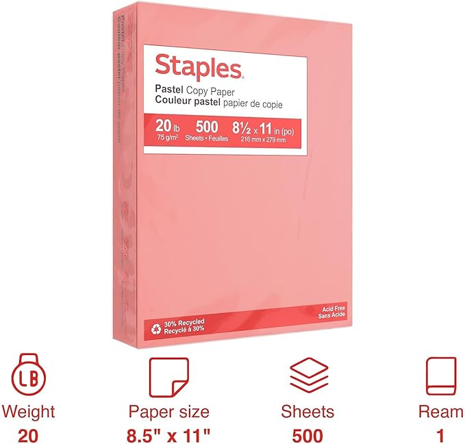 Staples 678824 Pastel Colored Copy Paper 8 1/2-Inch X 11-Inch Salmon 500/Ream (14783)