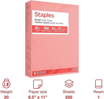 Staples 678824 Pastel Colored Copy Paper 8 1/2-Inch X 11-Inch Salmon 500/Ream (14783)