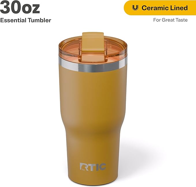 RTIC 30oz Essential Tumbler with Lid, Ceramic Lined, Insulated, Stainless Steel, Metal, Double Wall Vacuum-Insulation, Travel Cup for Iced Coffee, Tea, Hot and Cold Drink, Harvest