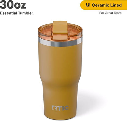 RTIC 30oz Essential Tumbler with Lid, Ceramic Lined, Insulated, Stainless Steel, Metal, Double Wall Vacuum-Insulation, Travel Cup for Iced Coffee, Tea, Hot and Cold Drink, Harvest
