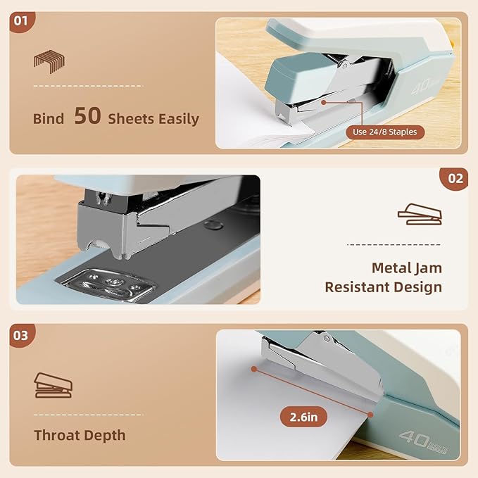 Deli Effortless Desktop Stapler, Heavy Duty Stapler, 40-50 Sheet Capacity, One Finger, No Effort, Includes 1500 Staples & Staple Remover, Blue