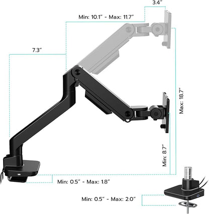 ARES WING Ultrawide Monitor Arm with USB A/C, for 17 to 49 inch Heavy Duty Screen, Holds 44 lbs, Adjustable Gas Spring Arm Desk Mount with Clamp and Grommet Base, Black