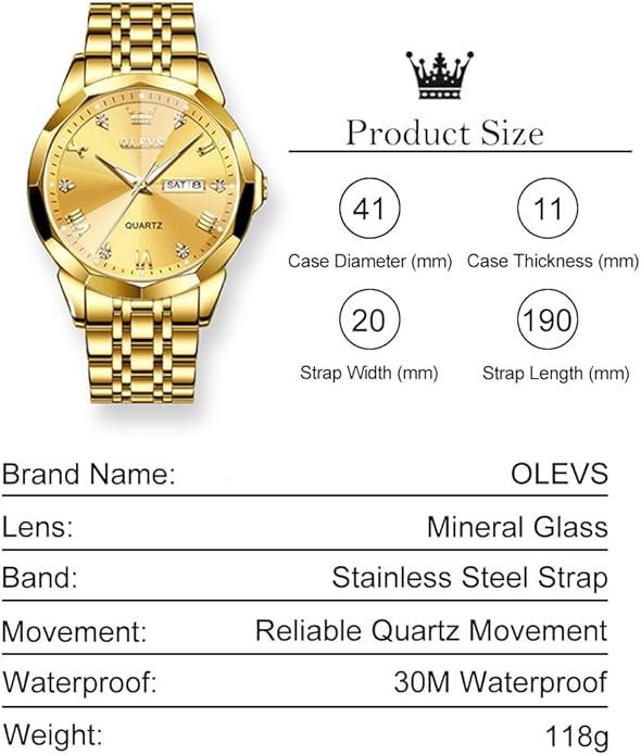 Men's Casual Stainless Steel Watch, Big Face Easy to Read Analog Quartz Watch with Day and Date, Classic Waterproof Diamond Roman Arabic Numerals Dial Dress Watch for Men, Gold Silver Black Band
