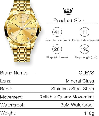 Men's Casual Stainless Steel Watch, Big Face Easy to Read Analog Quartz Watch with Day and Date, Classic Waterproof Diamond Roman Arabic Numerals Dial Dress Watch for Men, Gold Silver Black Band