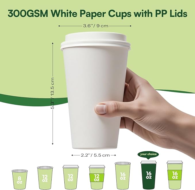 Disposable Coffee Cups with Lids 16 oz Paper Cups,100 Pack To Go Hot Cups with Lids, BPA Free Unbleached Thickened Leak Proof White Disposable Cups for Everyday Use Office Coffee Bar Supply Essentials