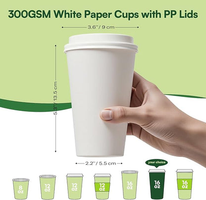 Disposable Coffee Cups with Lids 16 oz Paper Cups,100 Pack To Go Hot Cups with Lids, BPA Free Unbleached Thickened Leak Proof White Disposable Cups for Everyday Use Office Coffee Bar Supply Essentials