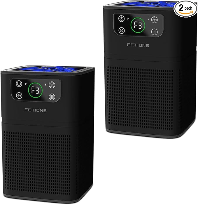 Air Purifier for Bedroom Home, FETIONS Air Cleaner with Fragrance Sponge Sleep Mode 3-in-1 Filtration System, Compact with H13 HEPA Filter for Pet Dander Pollen Smoke Dust Odor, Black, 2 Pack