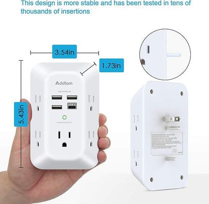 2 Pack Addtam USB Wall Charger Surge Protector, 5 Outlet Extender with 4 USB Charging Ports (1 USB C Outlet) 3 Sided 1800J Power Strip Multi Plug Outlets, Wall Adapter Spaced for Home Office, White