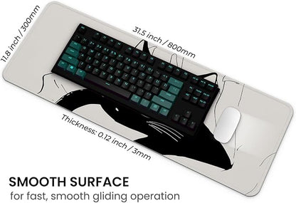 MAY FLOWER Large Gaming Mouse Pad, Full Keyboard Mat, Long Laptop Mousepad, Computer Mouse Mat for Home and Office, Anti-Slip Rubber Base, 31.5 x 11.8 Inches (Black Cat)