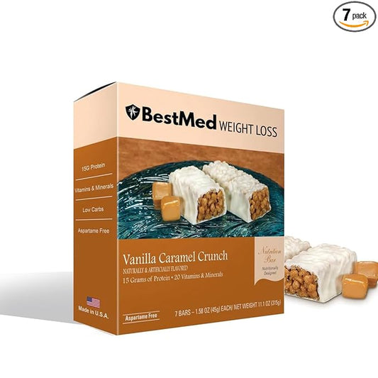BestMed - High Protein Nutrition Bar - Low-Carb, 15g Protein, Low Sugar, High Fiber, Low Calorie, Meal Replacement Bar (Vanilla Caramel, 1 Box - 7 Count)