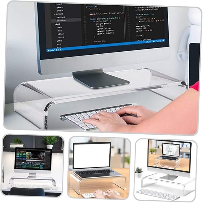 GALPADA Heavy Duty Acrylic Monitor Stand Riser for Office Desk Wide Desktop Organizer with Keyboard Storage Space Ergonomic Height Computer Display Shelf for Neck and Eye Comfort