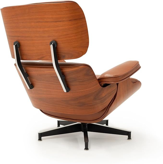 Mid Century Chaise Lounge Chair with Ottoman, Top Black Grain Leather, Modern Office Chair Classic Design, Heavy Duty Base Support for Living Room Study Lounge Office