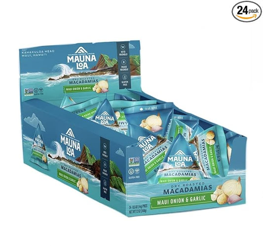 Mauna Loa Premium Roasted Macadamia Nuts, Garlic Onion Flavor, .5 Oz Pouches (Pack of 24)