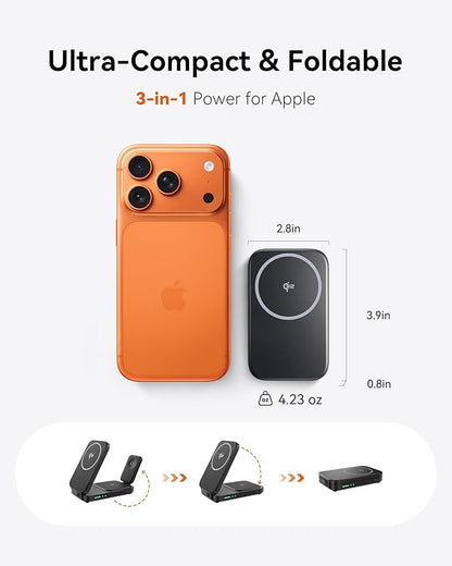 INIU 3 in 1 Wireless Charging Station, Qi2 Certified 15W Travel Charger for Apple Multiple Devices, Foldable Magnetic Wireless Charger Stand for iPhone 17 16 15 14 13 12 Series Apple Watch AirPods