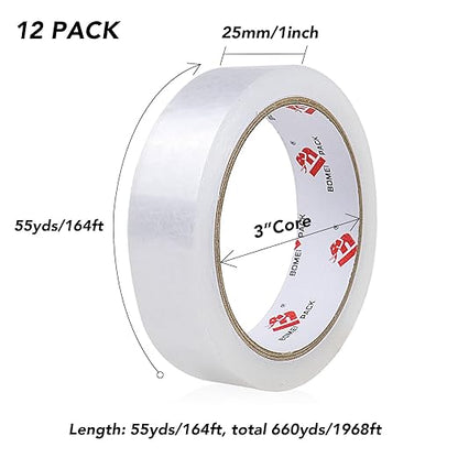 BOMEI PACK Clear Tape, 1 Inch x 164 Ft, Transparent Tape Refills, 3" Core Big Roll Stationery Tape, Strong Gift Wrap Tape for Home, Office, 12 Rolls Fit 3 Inch Desktop Dispenser