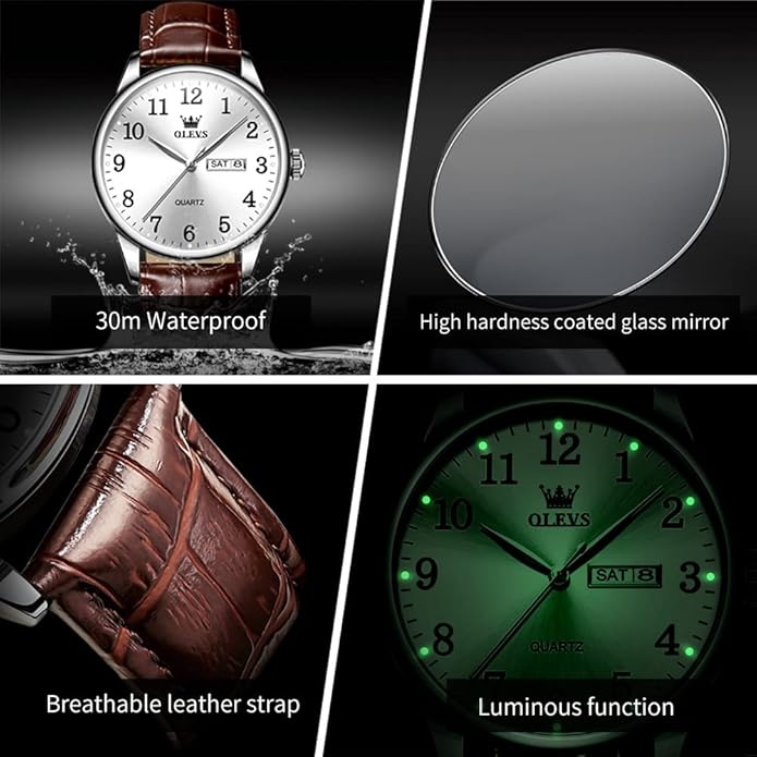 OLEVS Mens Watches Vintage Leather Band Dress Classic Easy Reader Arabic Numerals Analog Quartz Waterproof Date and Day Blue/Black/White Large Face Men's Wrist Watches