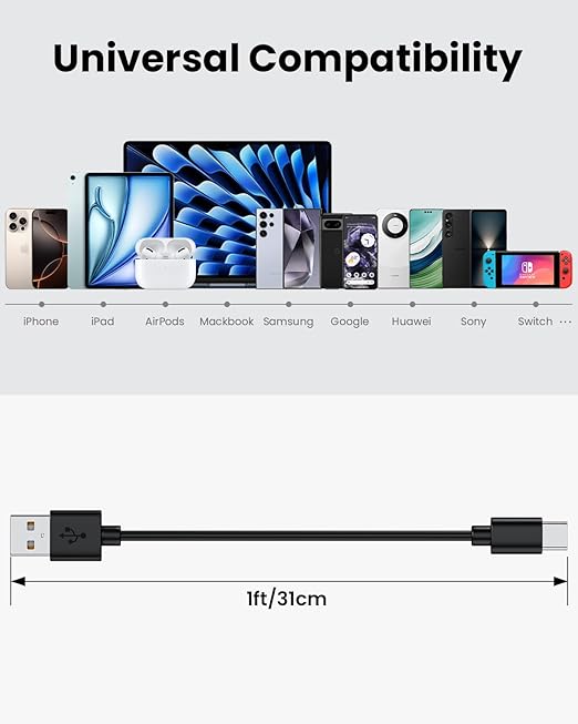 [1FT, 10-Pack] Multi Short USB Charging Cables, Fast Charge & Sync Type-C/Lightning/Micro Cords Bulk for Charging Station Compatible with iPhone16&15, iPhone5-14, iPads, iPods, Mobiles, Tablets, Black