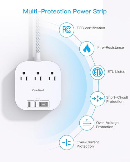 One Beat Power Strip with USB C, 3 Outlets 4 USB Ports (22.5W/4.5A) Desktop Charging Station, Flat Plug, 5ft Braided Extension Cord, Non Surge Protector for Travel, Cruise Ship, ETL Listed (Pack of 2)