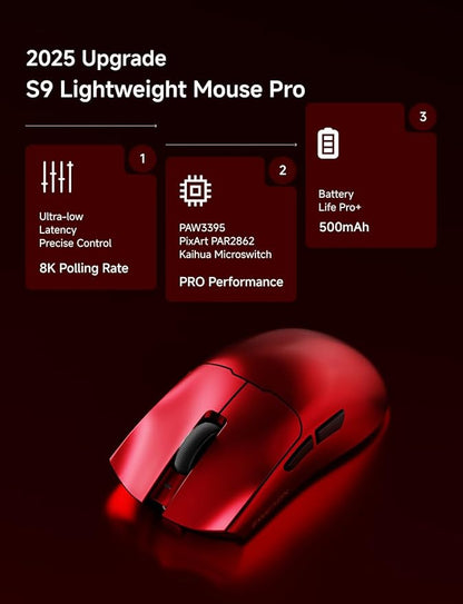 S9 Pro Wireless Gaming Mouse, 59G Ergonomic Computer Mouse, Triple Modes, 8K Polling, 26K DPI, PAW3395 Optical Sensor, Kailh Switch, 250h Battery Life, Programmable for PC/Win/Mac(Red)