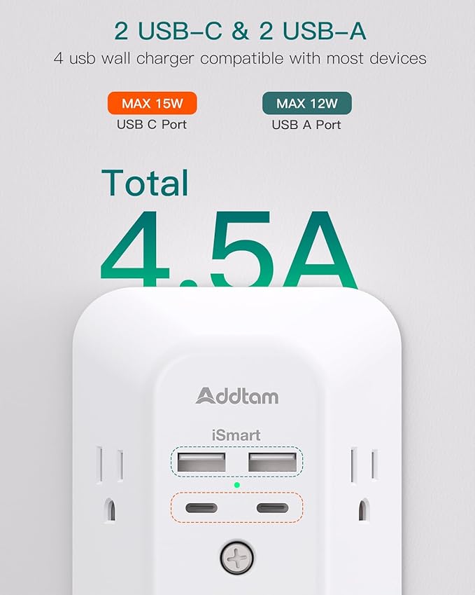 2 Pack Surge Protector Outlet Extender - Addtam 5-Outlet Splitter with 4 USB Wall Charger(2 USB-C Ports), Multi Plug Outlet Power Strip for Home, Dorm Room Essentials