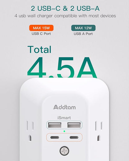 2 Pack Surge Protector Outlet Extender - Addtam 5-Outlet Splitter with 4 USB Wall Charger(2 USB-C Ports), Multi Plug Outlet Power Strip for Home, Dorm Room Essentials