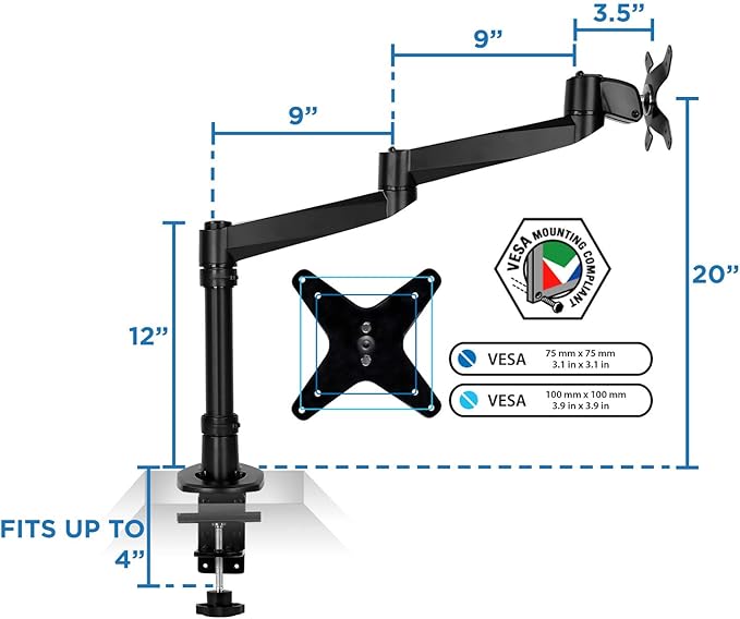 Mount-It! Premium Modular Monitor Desk Mount Arm Stand | Single Tilt Swivel Arm Fits 19 21.5 24 27 32 Inch Computer Screens with 75 100 VESA Patterns | C-Clamp and Grommet Bases | Black