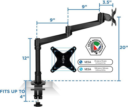 Mount-It! Premium Modular Monitor Desk Mount Arm Stand | Single Tilt Swivel Arm Fits 19 21.5 24 27 32 Inch Computer Screens with 75 100 VESA Patterns | C-Clamp and Grommet Bases | Black