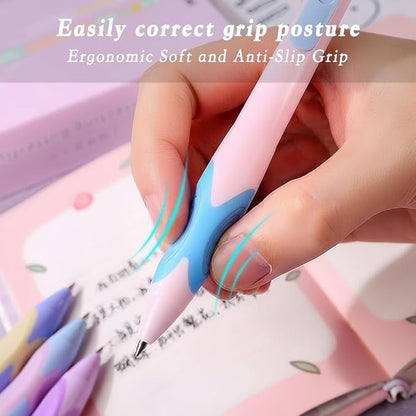 12Pcs Cute Retractable Erasable Gel Pens, Fine Point 0.5mm Blue Ink Pen with Eraser，Comfort Grip for Smooth Writing Note Taking Marking Planner Crossword Puzzles (Blue Ink)