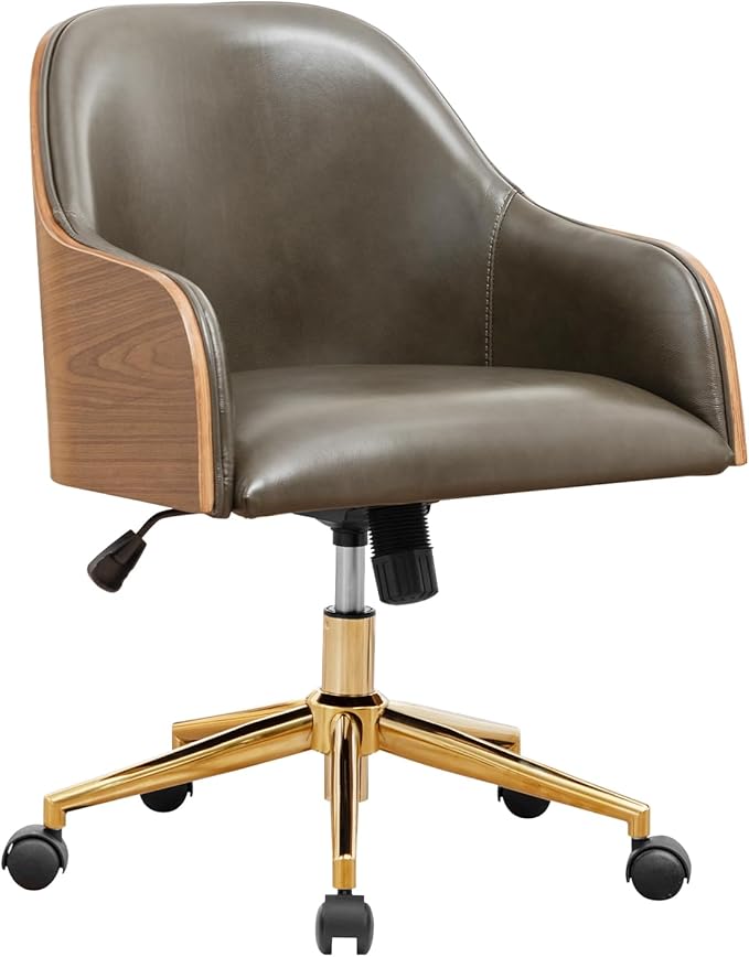Genuine Leather Office Desk Chair, Adjustable Height Small Modern Comfortable Walnut Vanity Chair, Gold Legs Mid Back 360 Swivel for Home Office, Bedroom, Study, Meeting Room(Olive Green)