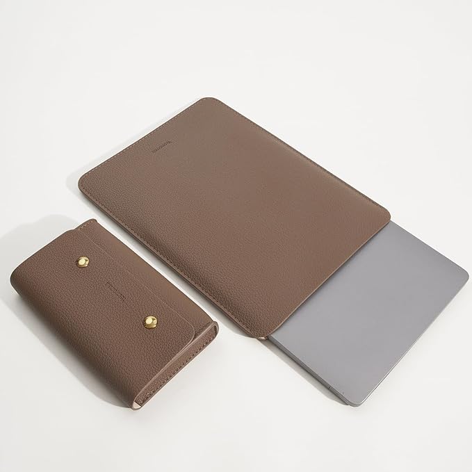 PU Leather Padded Laptop Sleeve 15.3Inch Compatible with MacBook Air 15 A3114 M3 Laptop Bag with Charger Pouch Color Coffee