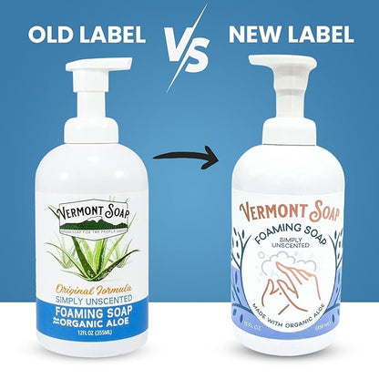 VERMONT SOAP Organic Unscented Foaming Hand Soap - Natural Moisturizing Soap for Dry Skin - Fragrance Free Liquid Bathroom Hand Soap Dispenser - Simply Unscented - 12 oz