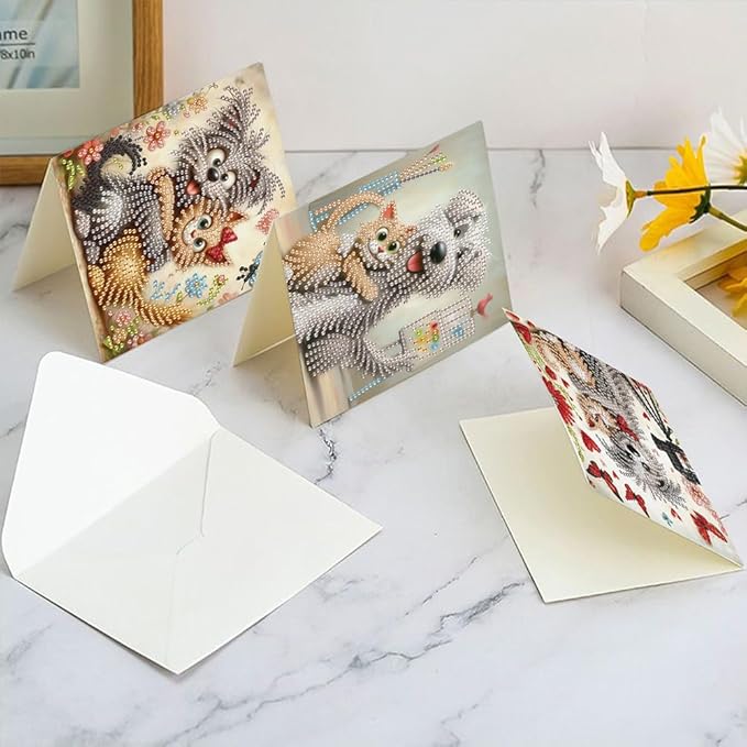 6pcs Diamond Art Painting Postcards with Envelope, Cute Cat Dog Pattern Daily DIY Handmade Greeting Cards Wishing Cards for Special Occasion Festival Craft Gift