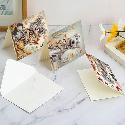 6pcs Diamond Art Painting Postcards with Envelope, Cute Cat Dog Pattern Daily DIY Handmade Greeting Cards Wishing Cards for Special Occasion Festival Craft Gift