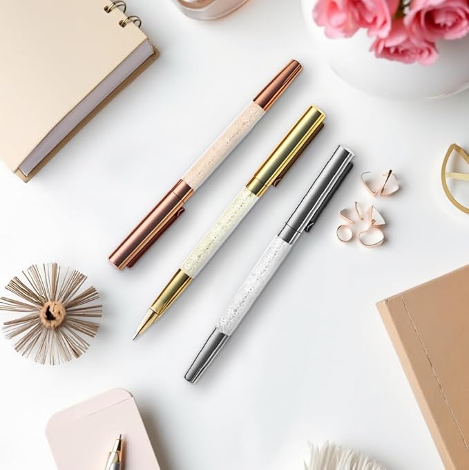 Elegant Crystal Ballpoint Pen Gift Set, Luxury Fine Tip Writing Trio in Silver, Gold, and Rose Gold, Decorative Office Pens for Weddings, Special Occasions, and Gifting