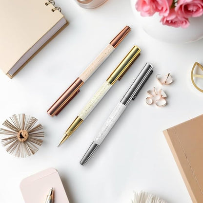 Elegant Crystal Ballpoint Pen Gift Set, Luxury Fine Tip Writing Trio in Silver, Gold, and Rose Gold, Decorative Office Pens for Weddings, Special Occasions, and Gifting
