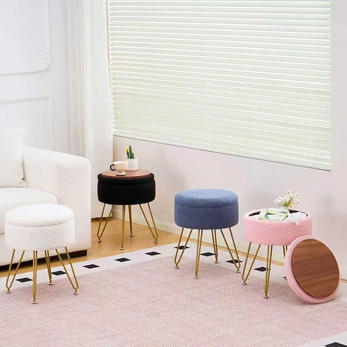 Wimarsbon Storage Ottoman,Teddy Velvet Vanity Stool,Soft Padded Seat,Round Footrest with Removable Cover and Adjustable Legs,Modern Decorative Accent Footstool or End Table for Hallway (White)