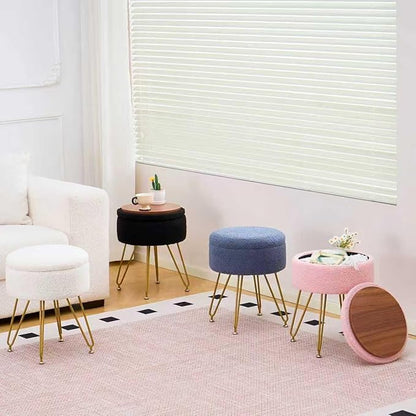 Wimarsbon Storage Ottoman,Teddy Velvet Vanity Stool,Soft Padded Seat,Round Footrest with Removable Cover and Adjustable Legs,Modern Decorative Accent Footstool or End Table for Hallway (Black)
