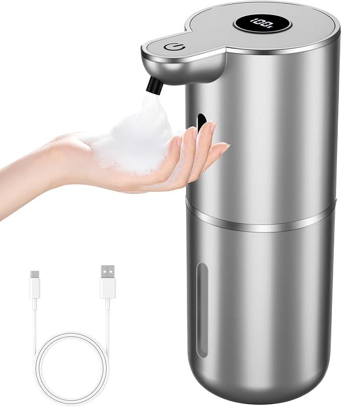 Automatic Foaming Soap Dispenser, LED Display Touchless Foam Hand Soap Dispenser for Bathroom Countertop, Kitchen, 6-Level Adjustable,380ML, Rechargeable (Silver)