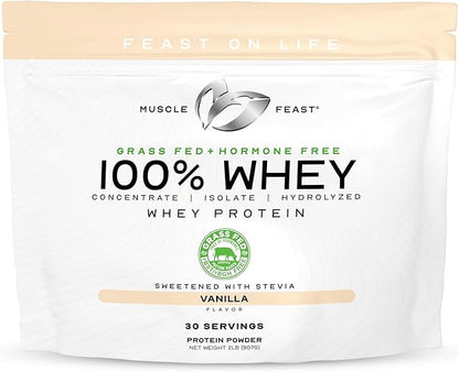 Muscle Feast 100% Grass Fed Whey Protein Powder, All Natural, Hormone Free Paure Raised Whey Protein Powder for Women & Men - Whey Concentrate, Isolate & Hydrolyzed Protein Powder Blend - Vanilla, 2lb