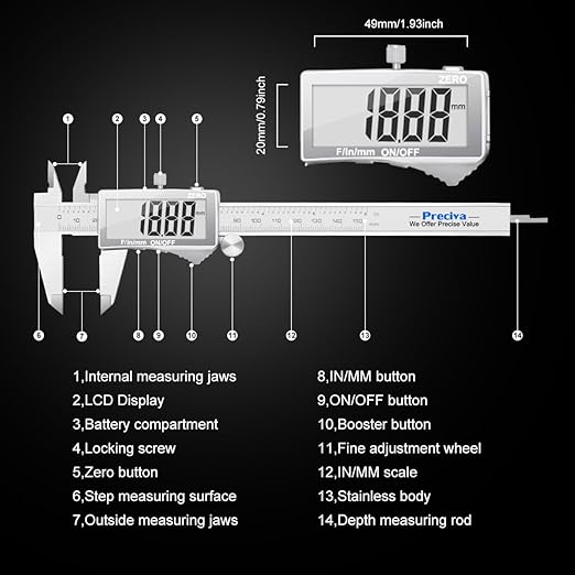 Preciva Digital Caliper, Electronic Stainless Steel Caliper Measuring Tool, Micrometer Calipers with Large LCD Screen, Switch from Inch Metric Fraction, Auto-Off Feature (6INCH/150MM)