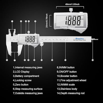 Preciva Digital Caliper, Electronic Stainless Steel Caliper Measuring Tool, Micrometer Calipers with Large LCD Screen, Switch from Inch Metric Fraction, Auto-Off Feature (6INCH/150MM)