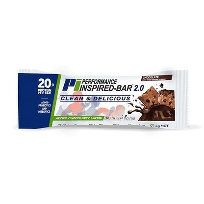 Performance Inspired Nutrition - Protein Bar 2.0 – Contains: 20G Protein - 6G Fiber - 4g MCTs - 1 Billion CFU Probiotics – 1G Prebiotics - G Free – BIG 70g bar - Chocolate 12-Ct. Box