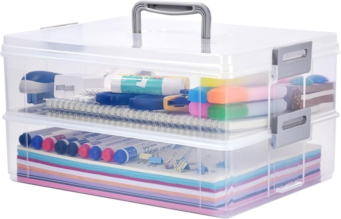 AZAZA 2-Layer Plastic Storage Box with Lid & Handle - Portable Transparent File Box for Organizing Photos, A4 Paper, Documents, Scrapbook, Art & Craft & Makeup | Paper & Art Supply Storage Organizer