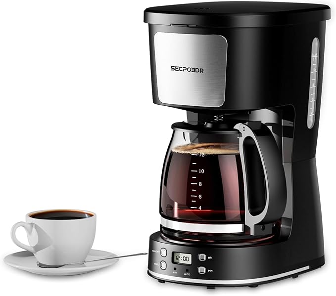 12-Cup Drip Coffee Maker with Reusable Filter,Programmable Clock,Auto Brew,Water Window,Keep Hot Plate,Glass Carafe,Compact Design for Kitchen,Office,Silver and Black