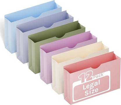 ANSOOK Plastic File Jackets,3" Legal Size Manilla Folder,12 Pack Expansion Project File Folders,Heavy Duty Accordion Pocket for Cabinet,Straight Cut Tab,Morandi Color Manila Job Folder for Home Office