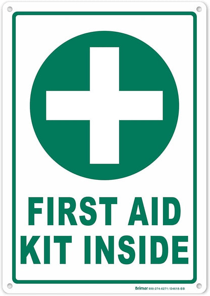 Brimar - 7" x 10" - First Aid Kit Inside Sign - Polyethylene Plastic - Bold Text And Symbol - Easy Installation