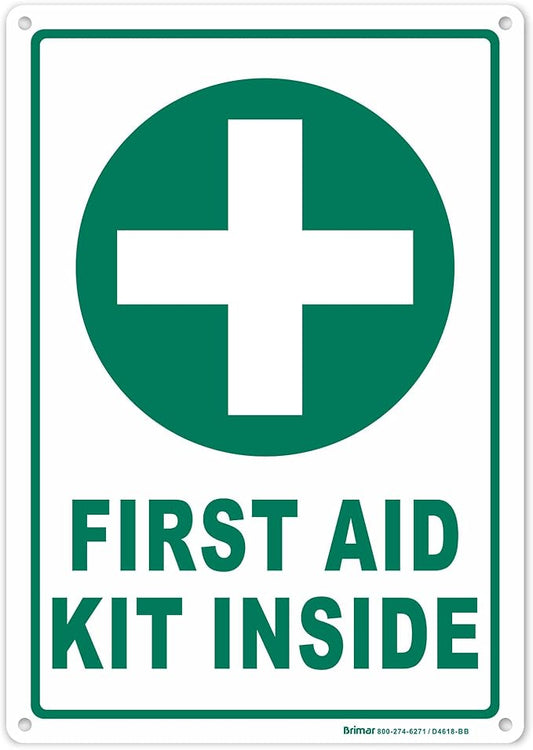 Brimar - 7" x 10" - First Aid Kit Inside Sign - Polyethylene Plastic - Bold Text And Symbol - Easy Installation