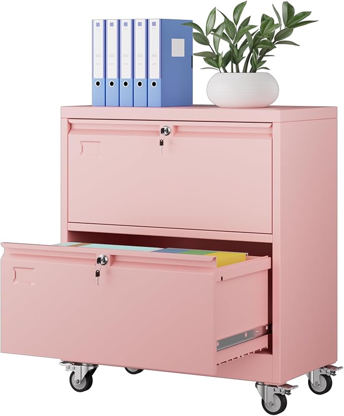 Aobabo 2 Drawer LateralFile Cabinet with Wheels, Lockable Metal Filing Cabinet for Home Office, Legal/Letter Size,Pink,Required Assembled,15.87" D x 28.94" W x 34" H